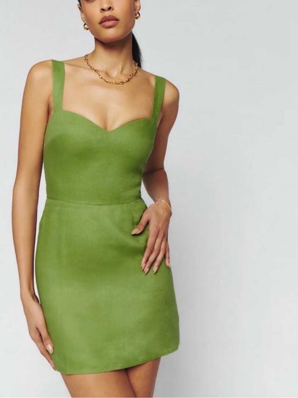 Reformation Olive Green Square-Neck Mini Linen Dress